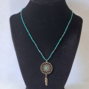 Boho Vibes Blue Beaded Medallion W/Feather Necklace.